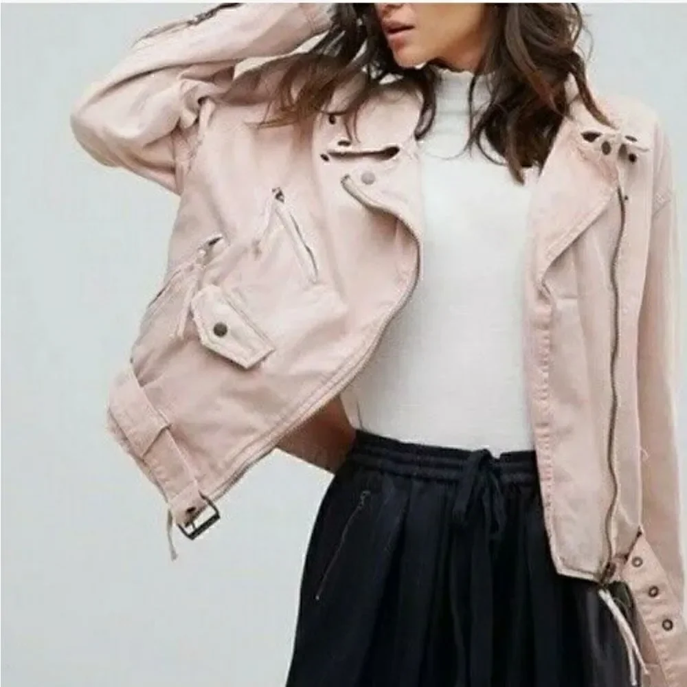 Free People pink belted motto jean denim jacket XS